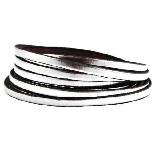 Flaches Lederband Metallic Silber glänzend (schwarzer Rand) 5x2mm