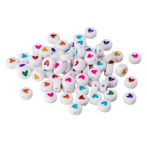 25x Perles ronde Coeur en acrylique Blanc/Diverses couleurs 7mm pour les bracelets de noms