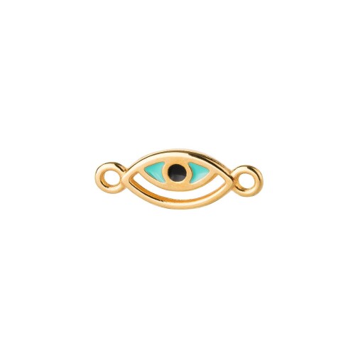 Connector Evil Eye gold 13x7mm 24K gold plated with enamel in Turquoise/Black