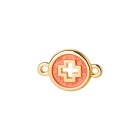 Connector Round Cross gold 13mm 24K gold plated with enamel in Coral red