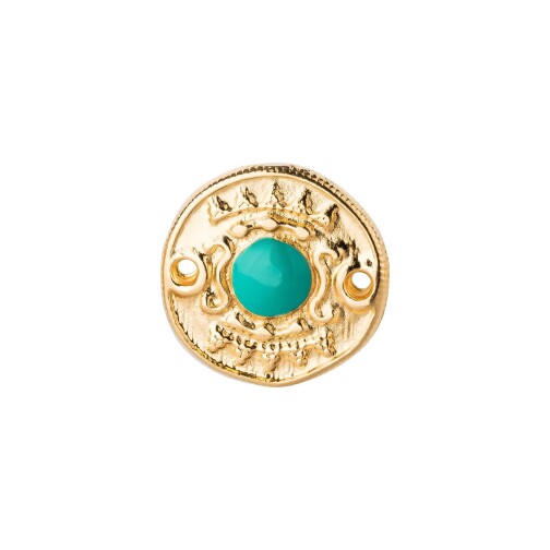 Connector Round gold 17mm 24K gold plated with enamel in Turquoise