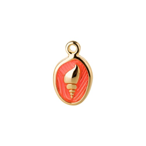 Pendant Oval Shell gold 11x16mm 24K gold plated with enamel in Coral red