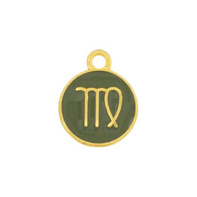 Pendant Zodiac sign Virgo gold 12mm 24K gold plated with enamel in Olive
