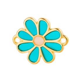Zamac connector Daisy gold 19,3x15,9mm 24K gold plated with enamel in Turquoise/Yellow