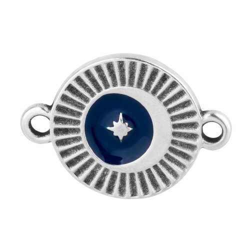 Connecteur en zamac Rond avec étoile argent antique 19,2x13,7mm 999° plaqué argent émail Bleu foncé