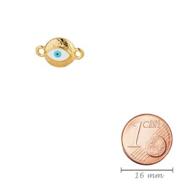 Zamac connector Round Evil Eye gold 15.9x9.7mm 24K gold plated with enamel in White/Light blue