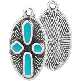 Pendant Oval relief pattern silver antique 11.7x22.9mm 999° silver plated with enamel in Turquoise