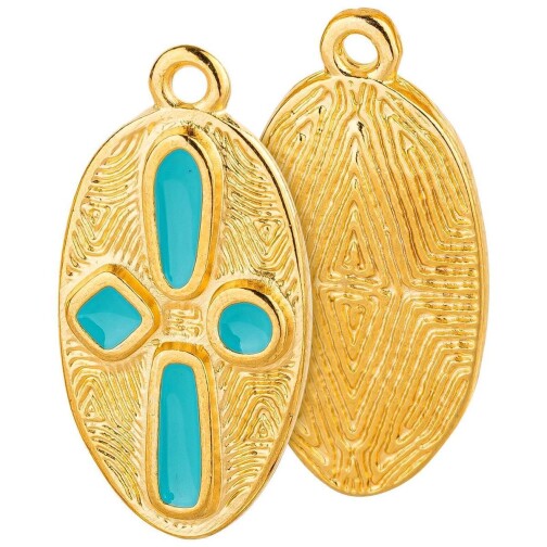 Pendentif Ovale motif en relief or 11,7x22,9mm plaqué or 24K avec émail en Turquoise