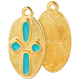 Pendant Oval relief pattern gold 11.7x22.9mm 24K gold plated with enamel in Turquoise