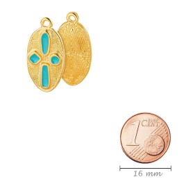 Pendant Oval relief pattern gold 11.7x22.9mm 24K gold plated with enamel in Turquoise