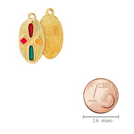 Pendant Oval relief pattern gold 11.7x22.9mm 24K gold plated with enamel in Red/Green/Orange