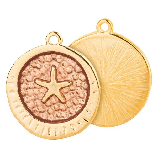 Zamak bedel rond gestructureerde zeester goud 20,4x23,2mm 24K verguld met emaille in champagne metallic