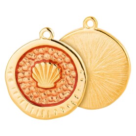 Pendant Round textured Shell gold 20.4x23.2mm 24K gold plated with enamel in Copper metallic