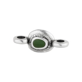 Zamac connector Oval ethnic silver antique 14.6x6.3mm 999° silver plated with enamel in Jade green