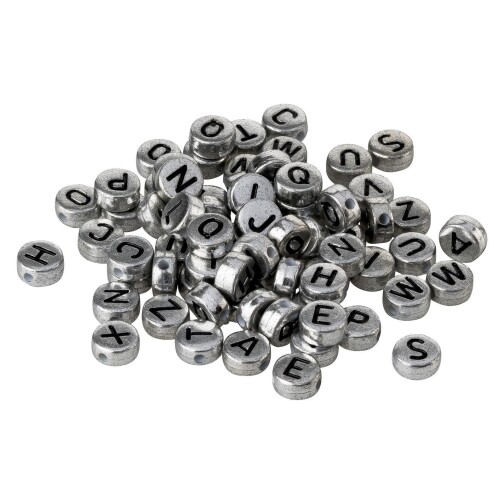 100x Perles alphabet A-Z Argent métallique/Noir 7mm acrylique pour les bracelets de noms