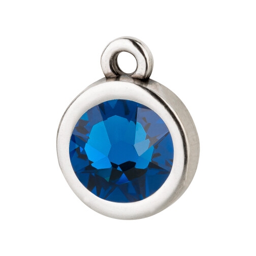 Pendant silver antique 10mm with Crystal stone in Capri Blue 7mm 999° antique silver plated
