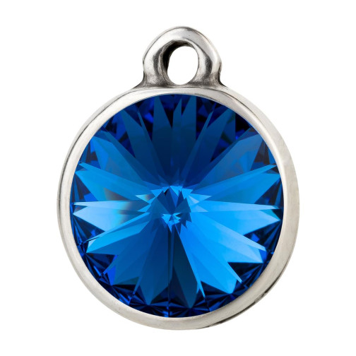 Anhänger antik silber mit Rivoli Kristallstein Sapphire 12mm 999° antik versilbert