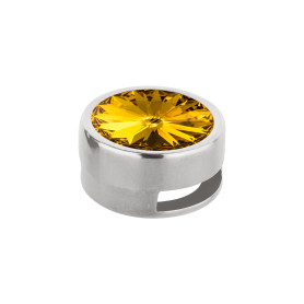 Slider antiek zilver 14mm (ID 10x2mm) met Rivoli in Sunflower 12mm 999° antiek verzilverd