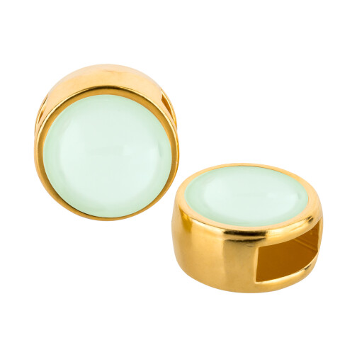 Slider gold 9mm (ID 5x2mm) with Cabochon in Crystal Powder Green 7mm 24K gold plated