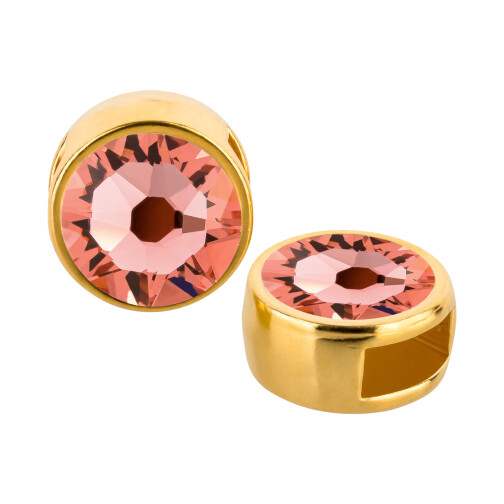 Schiebeperle gold 9mm (ID 5x2mm) mit Kristallstein in Rose Peach 7mm 24K vergoldet