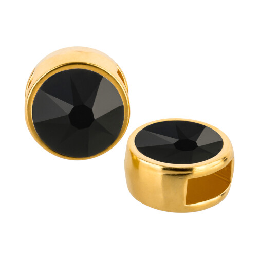 Cuenta redonda deslizable oro 9mm (ID 5x2mm) con piedra de cristal en Jet 7mm 24K chapado oro