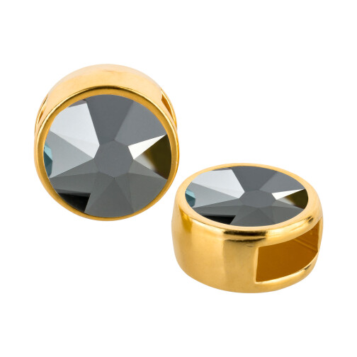 Slider gold 9mm (ID 5x2mm) with crystal stone in Jet Hematite 7mm 24K gold plated