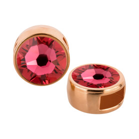 Cuenta redonda deslizable oro rosa 9mm (ID 5x2mm) con piedra de cristal en Indian Pink 7mm 24K chapado oro rosa