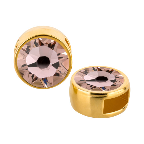Cuenta redonda deslizable oro 9mm (ID 5x2mm) con piedra de cristal en Vintage Rose 7mm 24K chapado oro