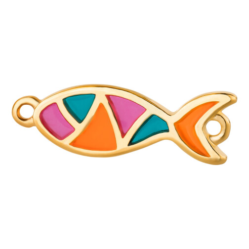 Zamak connector fish stained glass enamel green/orange/pink gold 8.2x25mm 24K gold-plated