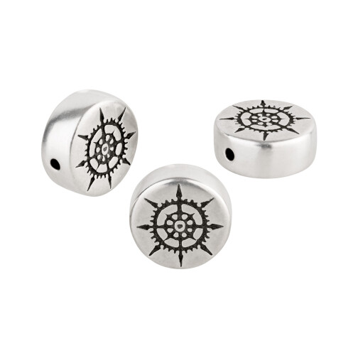 Metal bead round compass antique silver 11.3x11.6mm (Ø1.5mm) 999° silver-plated