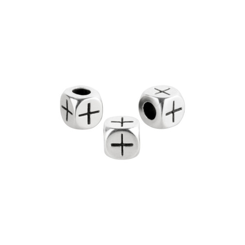 Cuenta de metal cubo con cruz plata envejecida 4.1x3.8mm (Ø2mm) 999° plateado