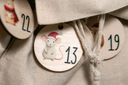 Advent calendar numbers wood 1-24, round Ø4,5cm | forest animals printed, laser cut, reusable