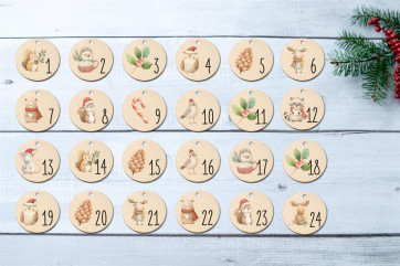 Advent calendar numbers wood 1-24, round Ø4.5cm | forest animals printed, laser cut, reusable