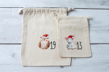 Sacchetti calendario dellAvvento 24 pezzi | sacchetti in cotone con animali della foresta, 100% cotone, OEKO-TEX®, 10×14/15×20 cm, riutilizzabili