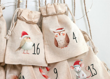 Adventskalender Beutel 24 Stück | Canvas-Beutel handmade mit Waldtieren, 100% Baumwolle, OEKO-TEX®, 12×15/15×20cm, wiederverwendbar