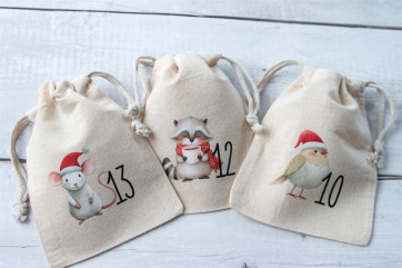 Adventskalender Beutel 24 Stück | Canvas-Beutel handmade mit Waldtieren, 100% Baumwolle, OEKO-TEX®, 12×15/15×20cm, wiederverwendbar