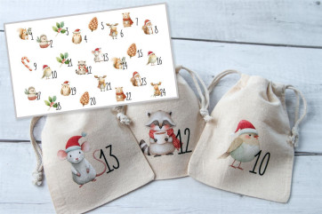Adventkalenderzakjes 24 stuks | katoenen zakjes met bosdieren, 100% katoen, OEKO-TEX®, 10×14/15×20 cm, herbruikbaar 24 grote zakjes (15x20)