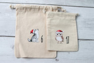 Adventskalender Beutel 24 Stück | Canvas-Beutel handmade mit Weihnachtstieren, 100% Baumwolle, OEKO-TEX®, 12×15/15×20cm, wiederverwendbar