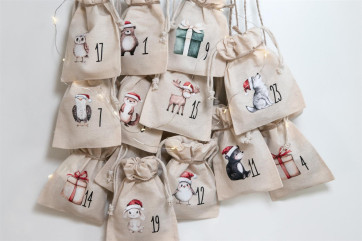 Sachets calendrier de lavent 24 pièces | Sachet en coton avec animaux de Noël, 100% coton, OEKO-TEX®, 10×14/15×20 cm, réutilisable} 24 grands sachets (15 x 20)