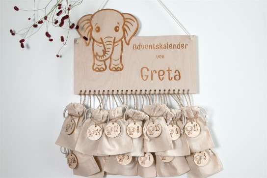 Wooden Advent Calendar Elephant 36×27cm | Personalized with Name | Various Sets