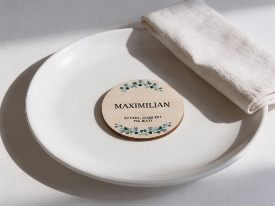 Platzkarten Hochzeit Holz Ø6cm | personalisiert | Eukalyptus-Kranz