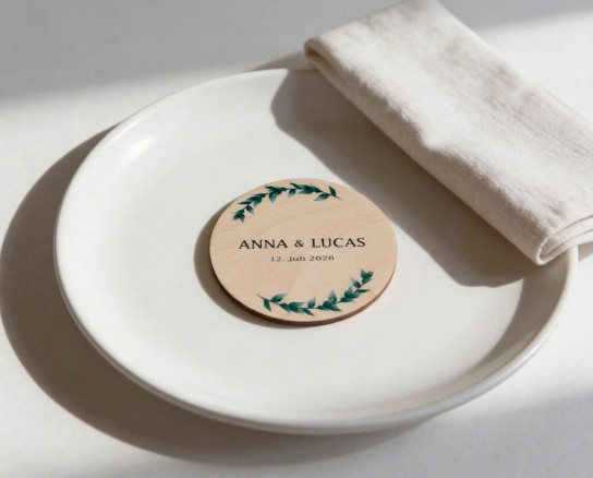 Platzkarten Hochzeit Holz Ø6cm | personalisiert | Blätterkranz