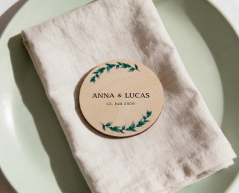 Platzkarten Hochzeit Holz Ø6cm | personalisiert | Blätterkranz