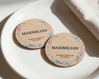 Marque-place mariage bois Ø6cm | personnalisé | Couronne de fleurs sauvages