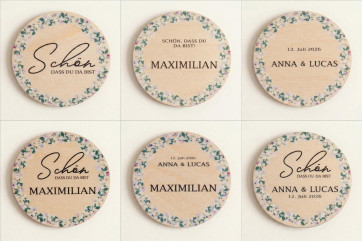 Wedding place cards wood Ø6cm | personalised | Floral wreath design