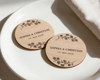 Tarjetas de sitio boda madera Ø6cm | personalizadas | diseño Rama de flores – estilo line art