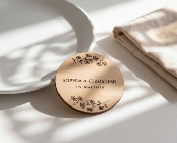 Tarjetas de sitio boda madera Ø6cm | personalizadas | diseño Rama de flores – estilo line art