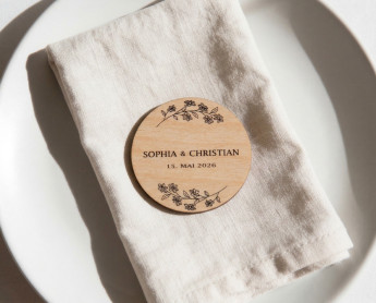 Tarjetas de sitio boda madera Ø6cm | personalizadas | diseño Rama de flores – estilo line art