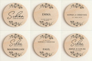 Tarjetas de sitio boda madera Ø6cm | personalizadas | diseño Rama de flores – estilo line art
