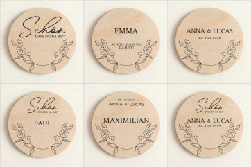 Houten plaatskaart bruiloft Ø6cm | gepersonaliseerd | Bloemenkrans – line art